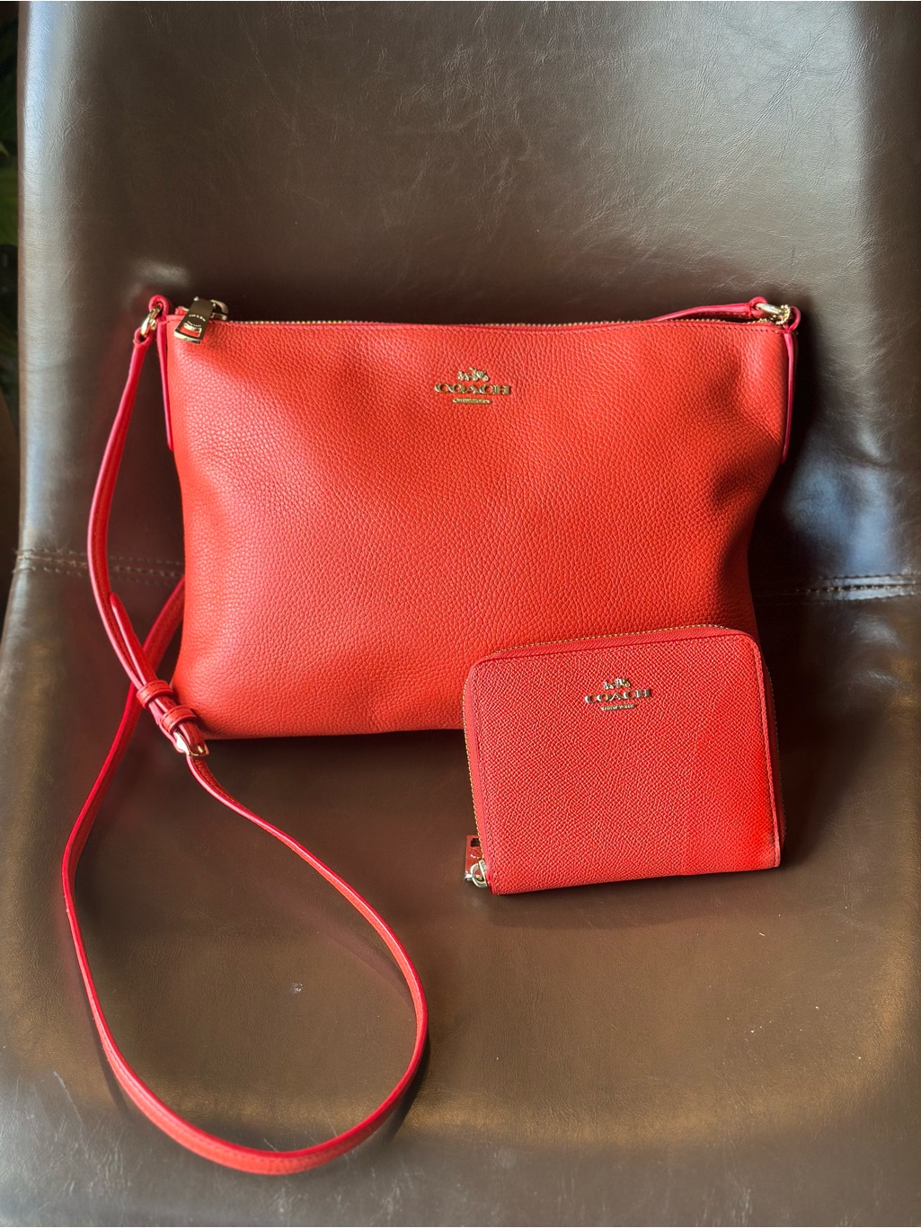 Coach Pebbled Leather Mia Crossbody Bright Coral With Matching Wallet